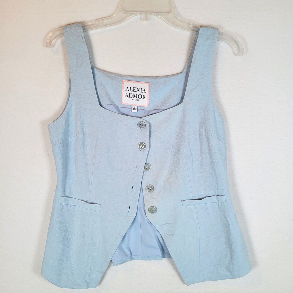 Alexia Admor Womens Adeline Linen Tank Vest Top Blouse Size 4 Blue Career Twee